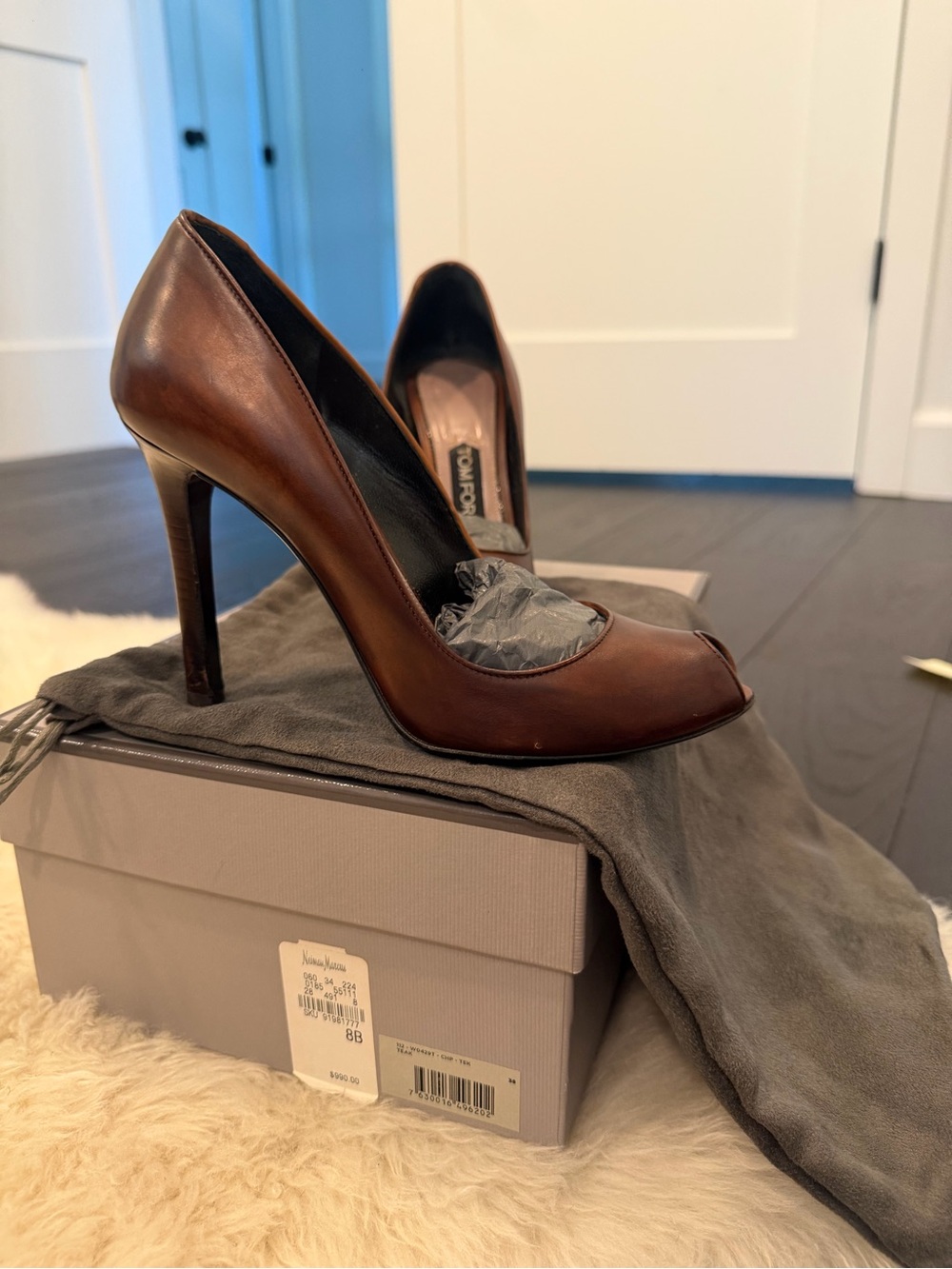 Brown Leather Peep-Toe High Heel Pumps